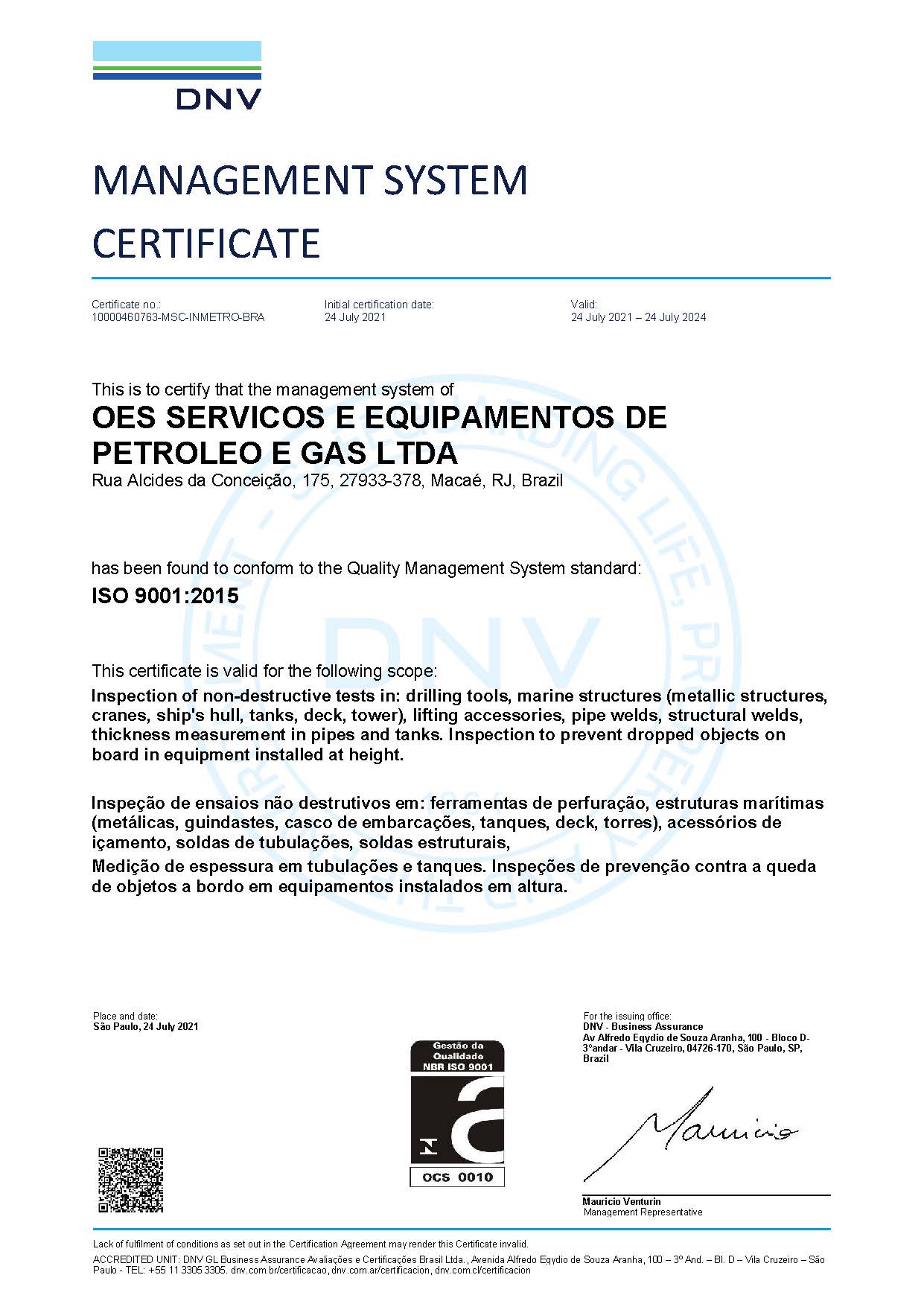 DNV ISO 9001:2015 | OES